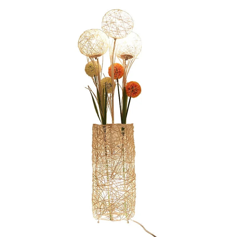 lampadaire fleur rotin